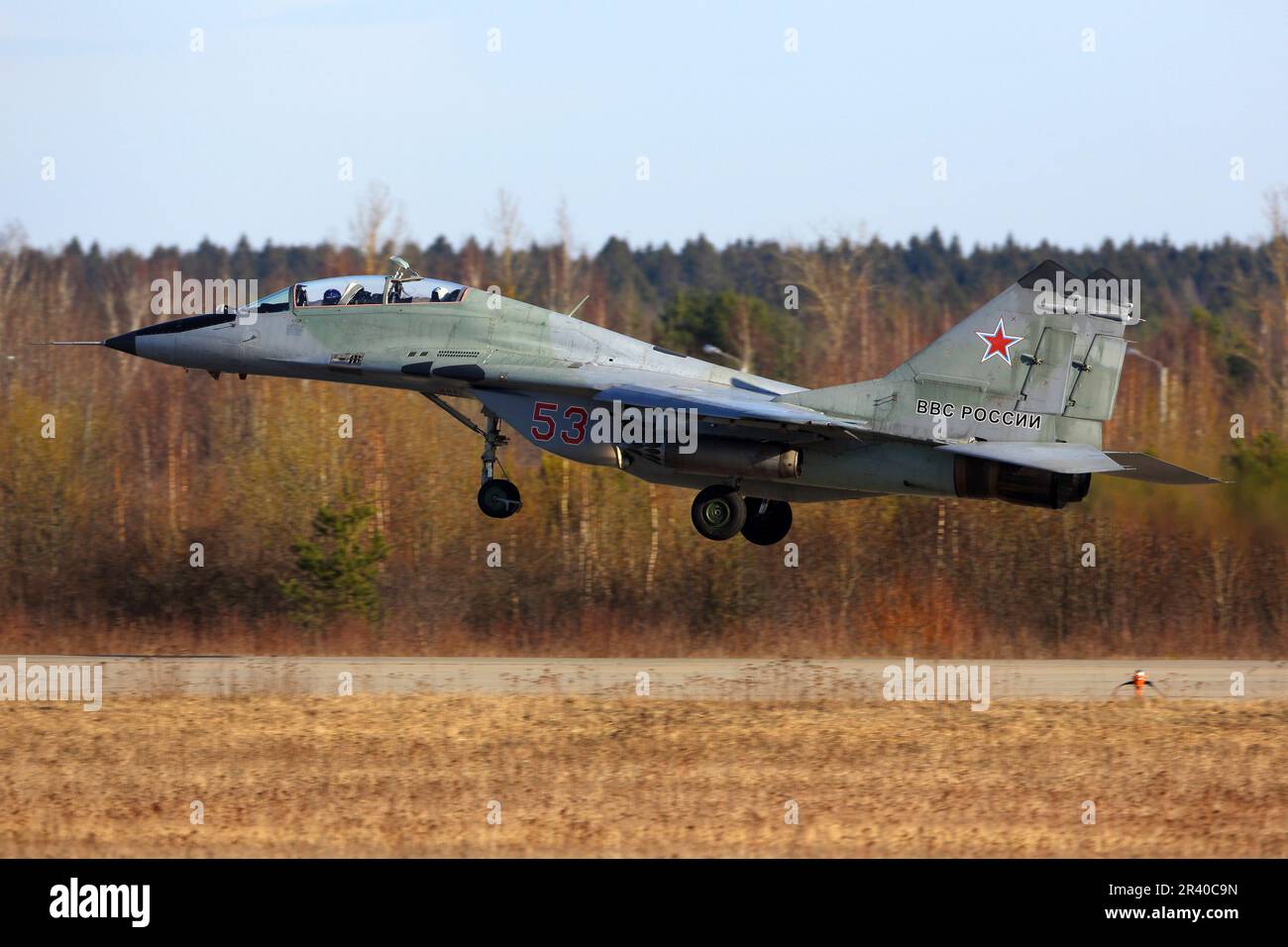 A MiG-29UB jet fighter of the Russian Air Force landing, Kubinka ...