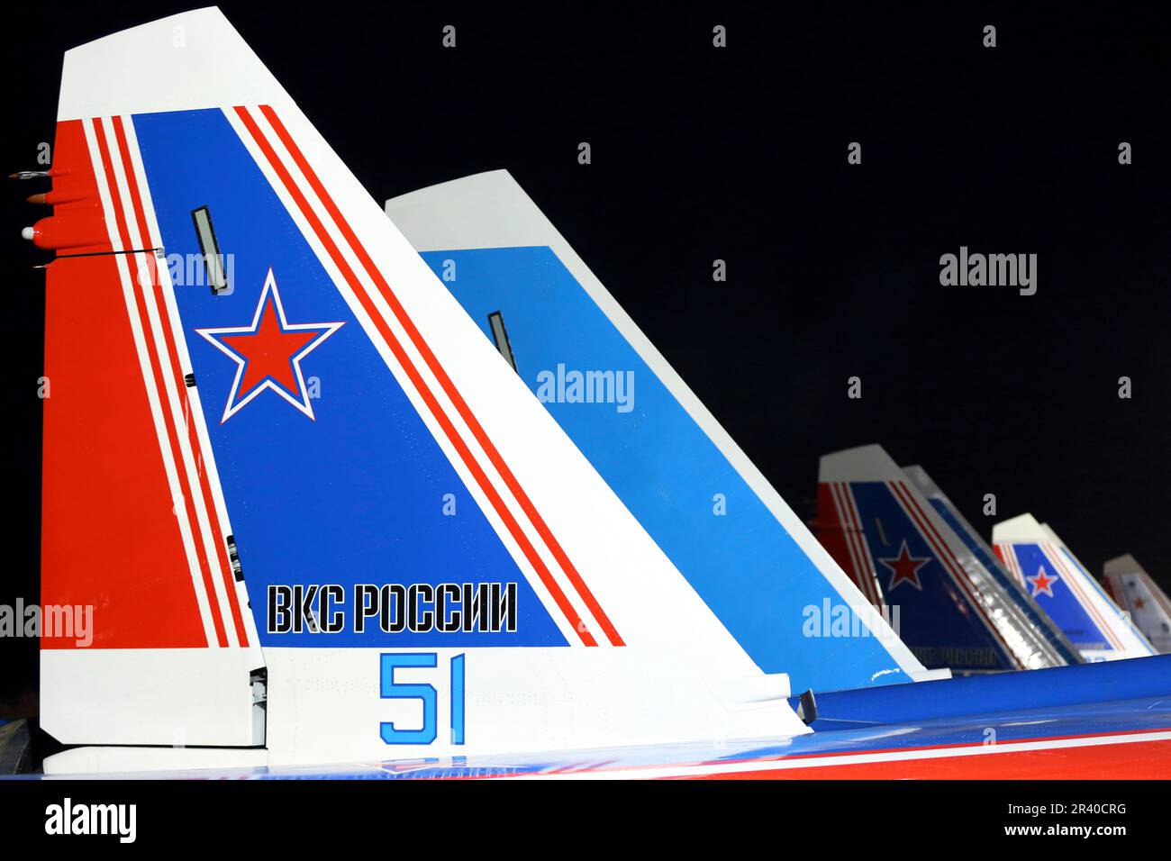 Tail fins of Su-35S jet fighters of the Russian Knights aerobatics team of the Russian Air Force. Stock Photo
