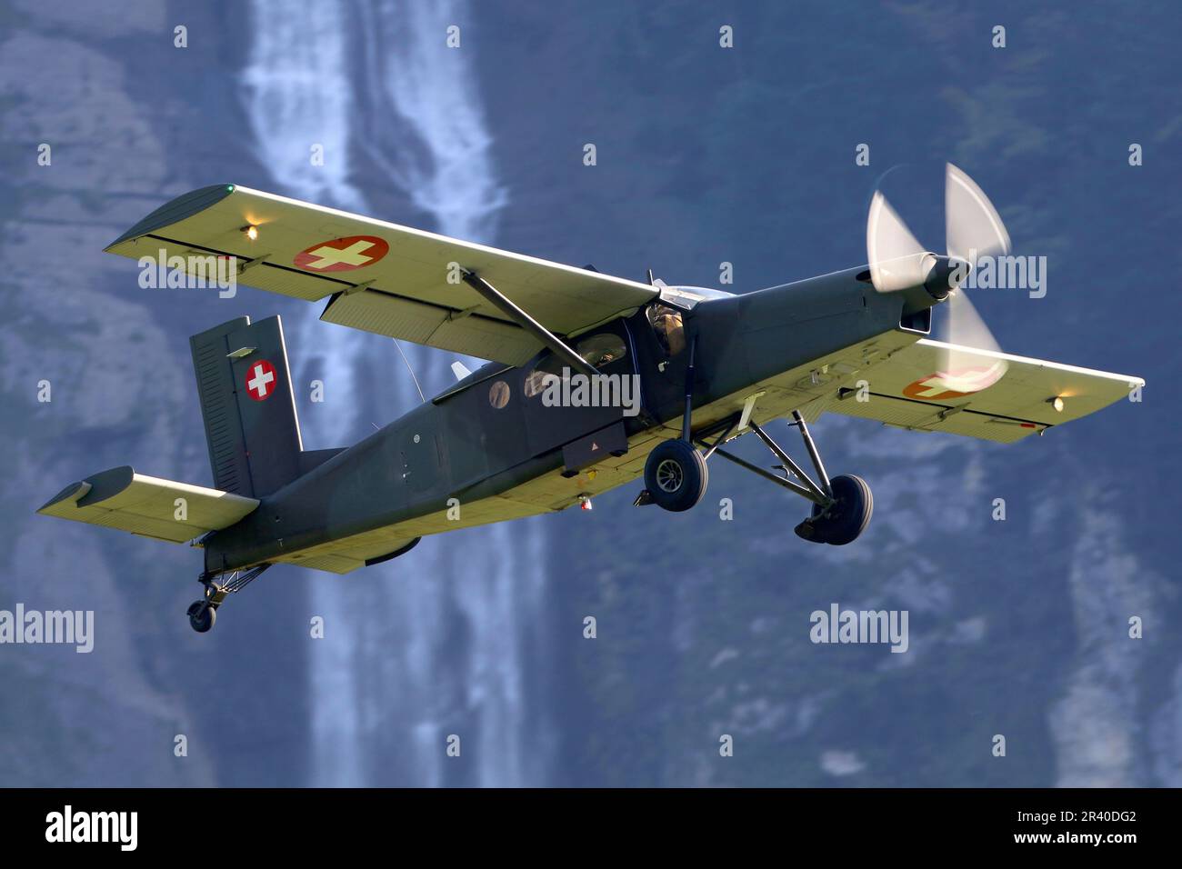 A PC-6/B2-H2 Turbo Porter transport aircraft of Swiss Air Force taking off. Stock Photo