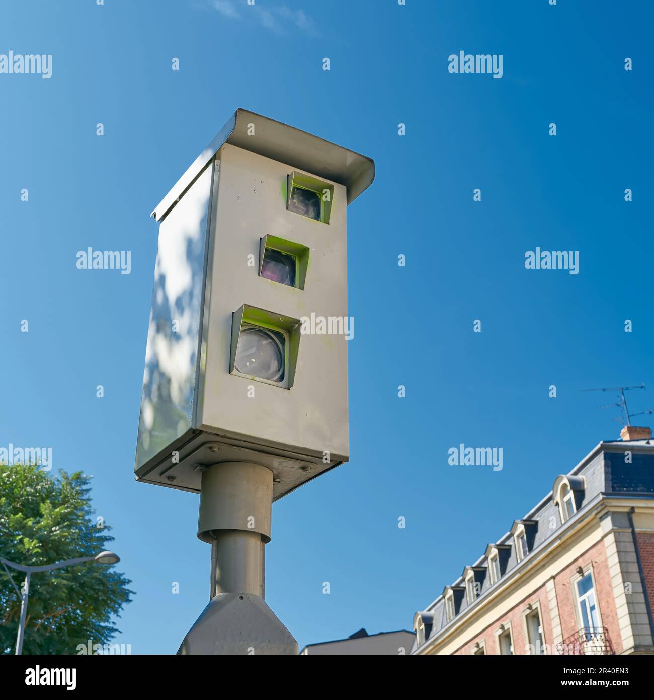 Speed control by a radar speed control camera in the city center of Colmar in France Stock Photo