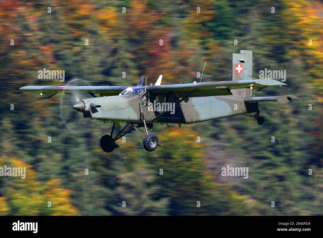 A PC-6/B2-H2 Turbo Porter transport aircraft of Swiss Air Force landing. Stock Photo