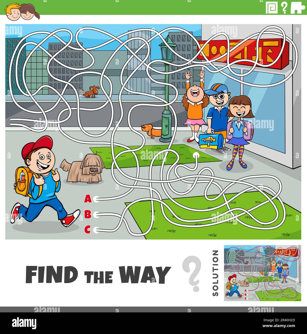 Cartoon illustration of find the way maze puzzle game with children