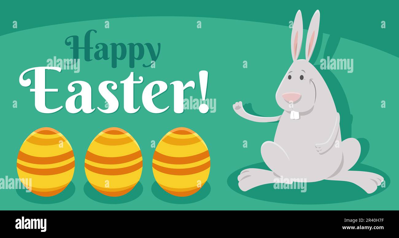 Cartoon Easter bunny with three painted eggs greeting card Stock Photo