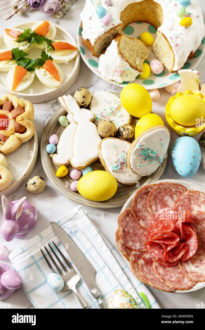 Festive dinner, Easter brunch. Easter table scene with an assortment of