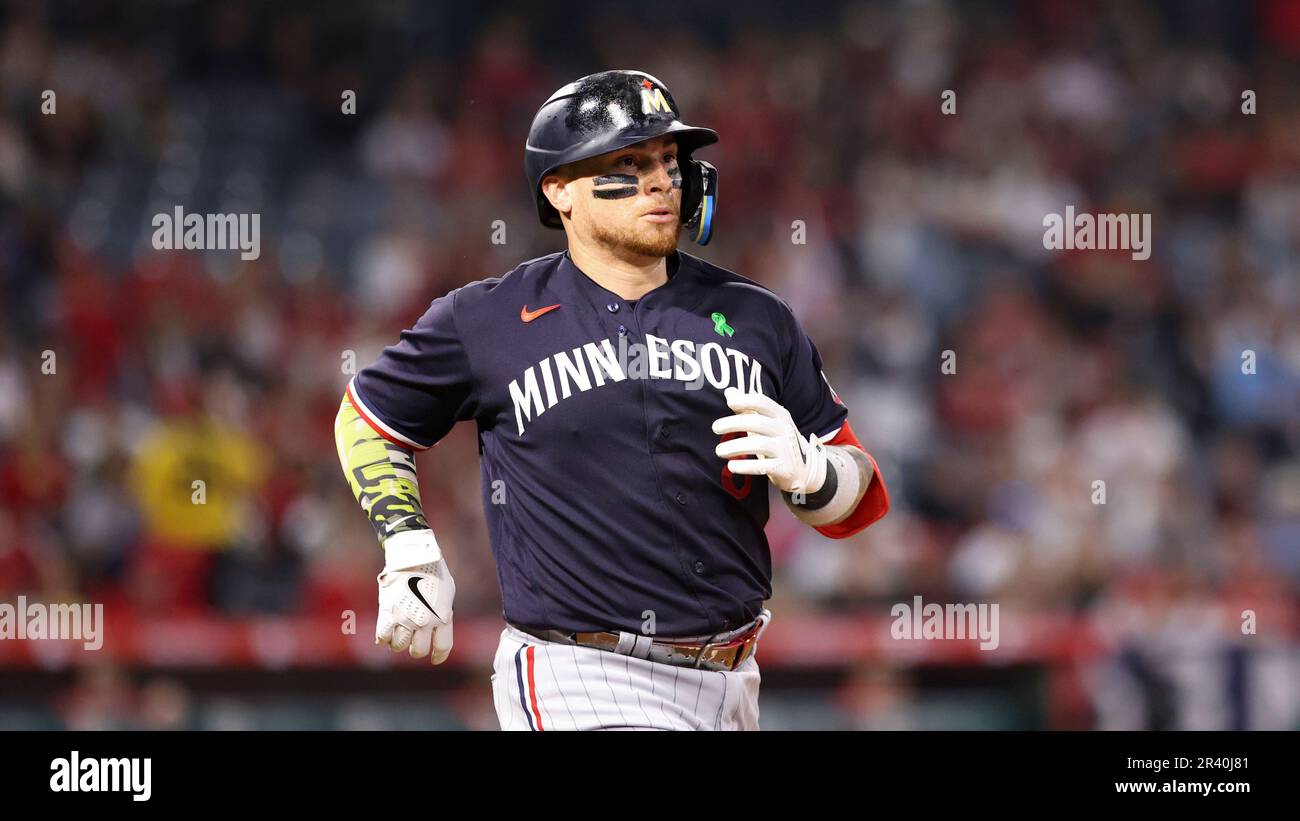Minnesota Twins Christian Vazquez runs towards first base after