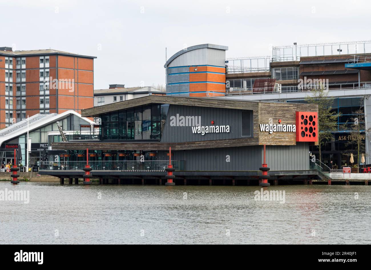 Wagamama retaurant built on pier over water Lincoln City, Lincolnshire, England, UK Stock Photo