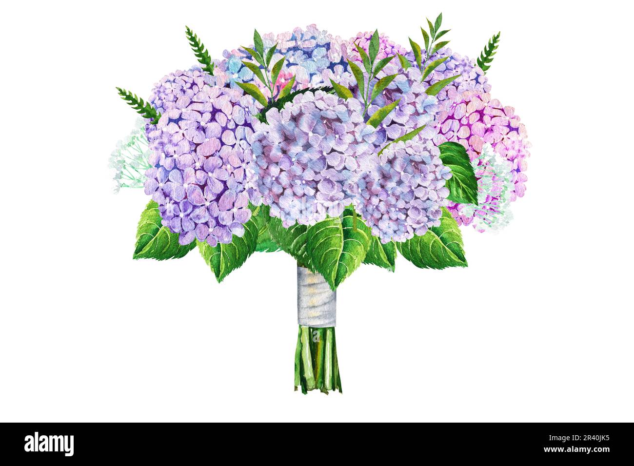 Watercolor illustration of a beautiful hydrangea bouquet in a gift box ...
