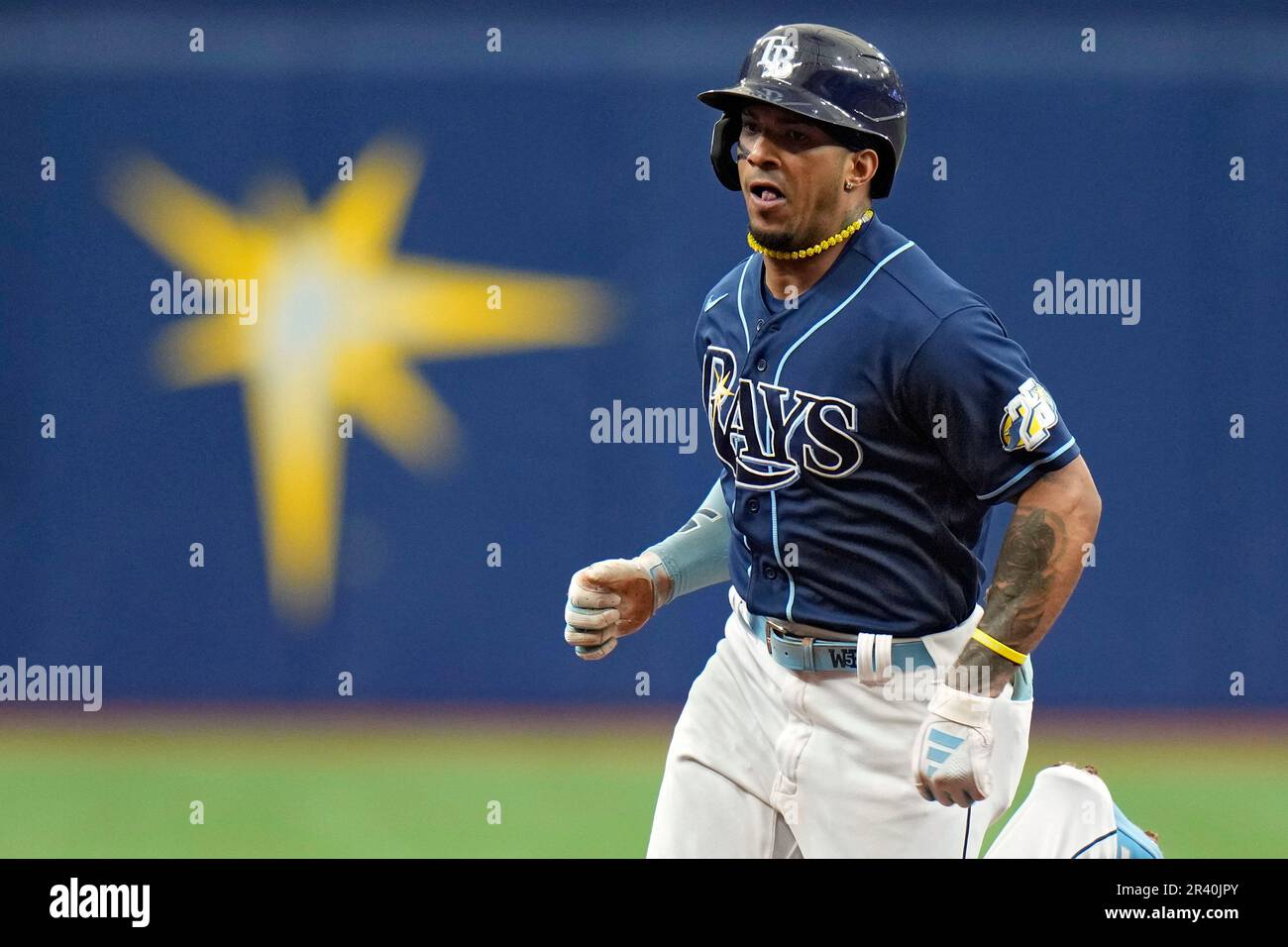 Tampa Bay Rays' Wander Franco goes into third base with a triple off