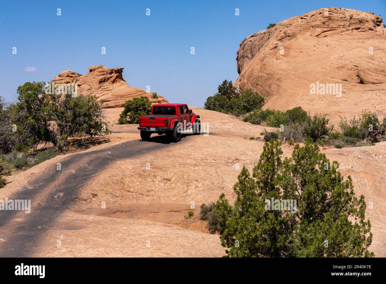 A Jeep on the Fins & Things OHV Trail in the Sand Flats Recreation Area near Moab, Utah. Stock Photo