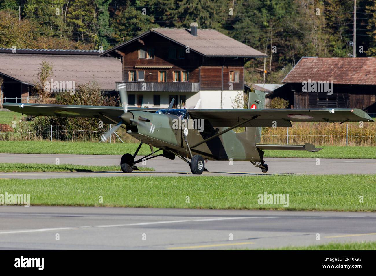 Swiss Air Force Pilatus PC-6 Porter STOL aircraft taxiing, Meiringen, Switzerland. Stock Photo