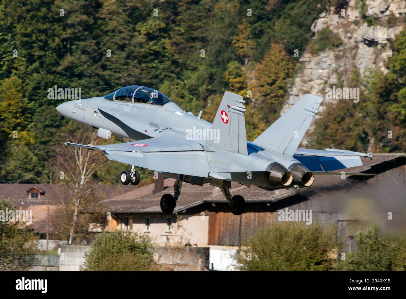 Swiss Air Force F/A-18D taking off, Meiringen, Switzerland. Stock Photo