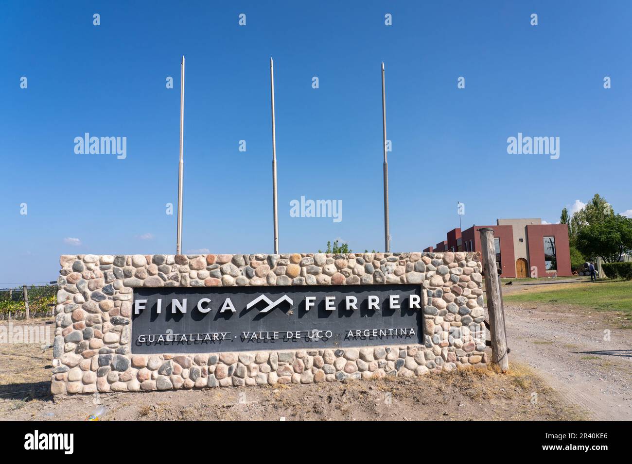 The stone sign at the entrance to the Ferrer Winery & vineyards in Gualtallary, Tupungato in the Valle de Uco, Mendoza, Argentina. Stock Photo
