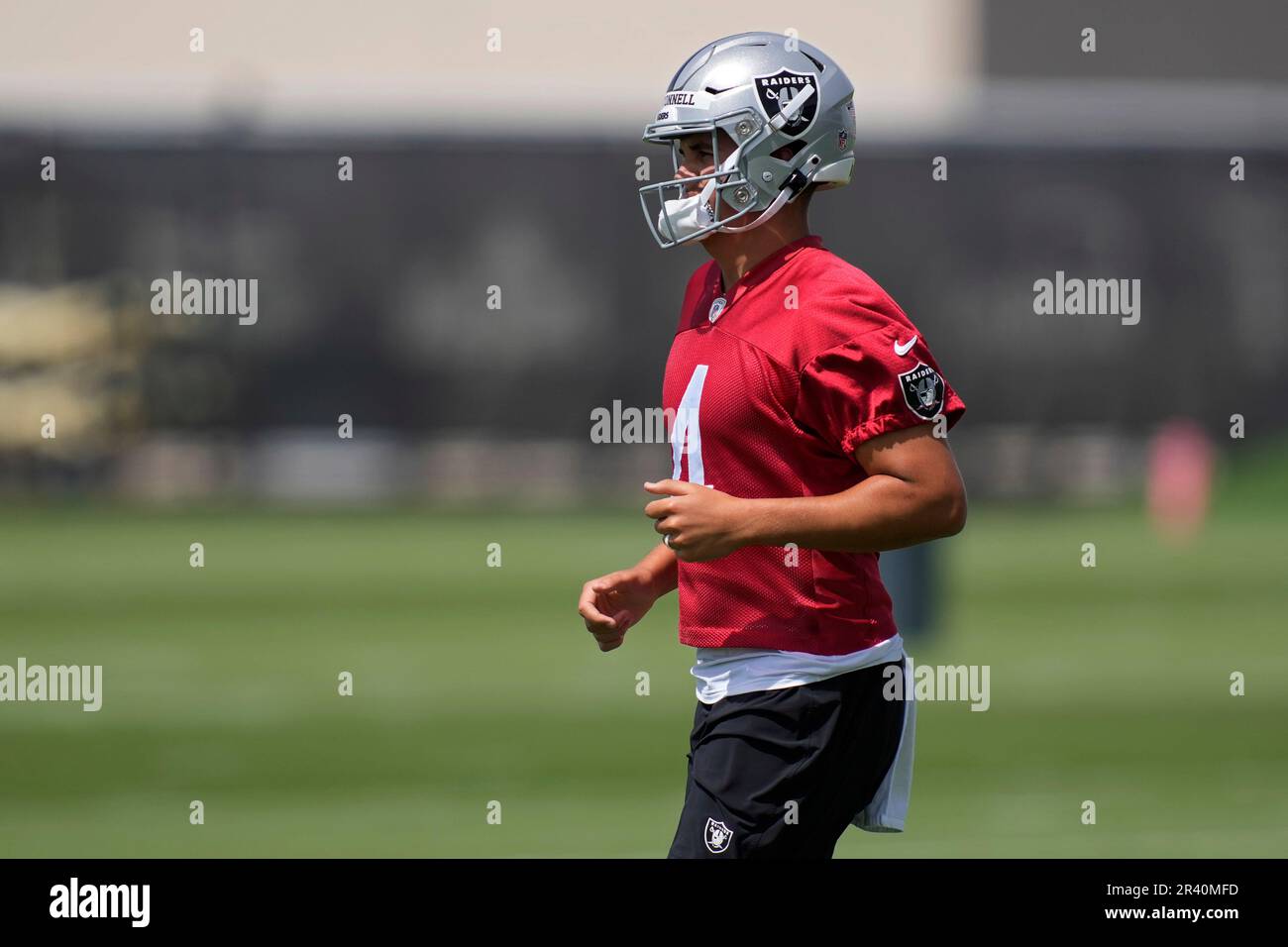Raiders quarterback Aidan O'Connell takes part in the NFL football team