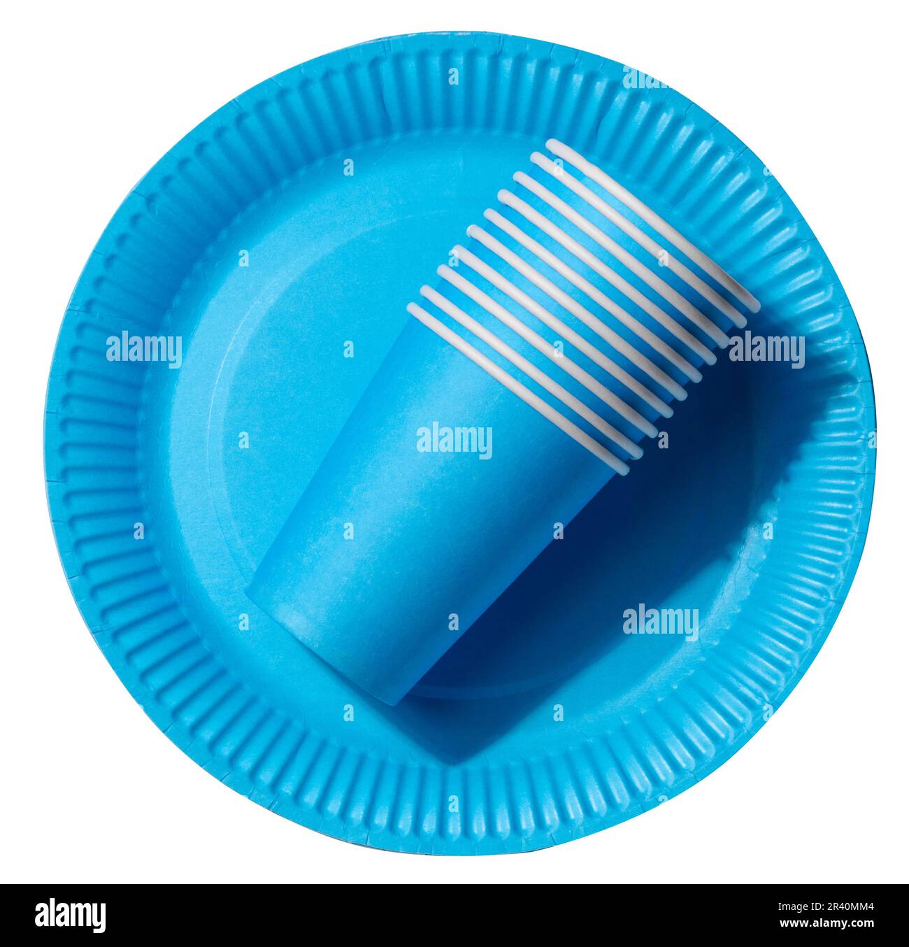 Round disposable blue paper plates and cups for a picnic, recyclable waste,  top view Stock Photo - Alamy