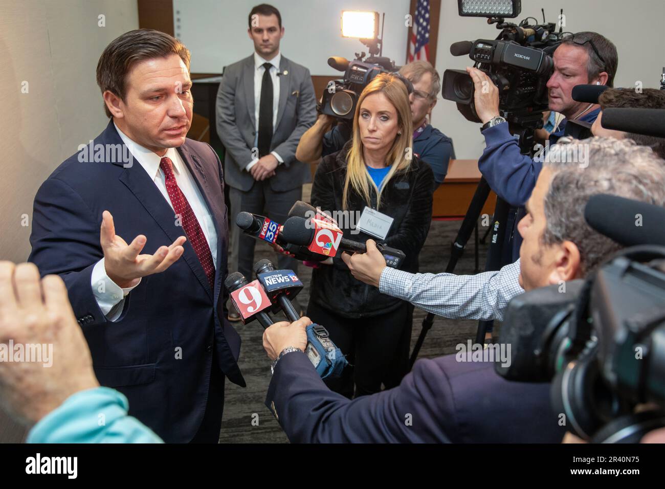 Florida Governor Ron DeSantis speaks with the media at the L3Harris corporate headquarters in Melbourne, Florida, on January 7, 2020. (USA) Stock Photo