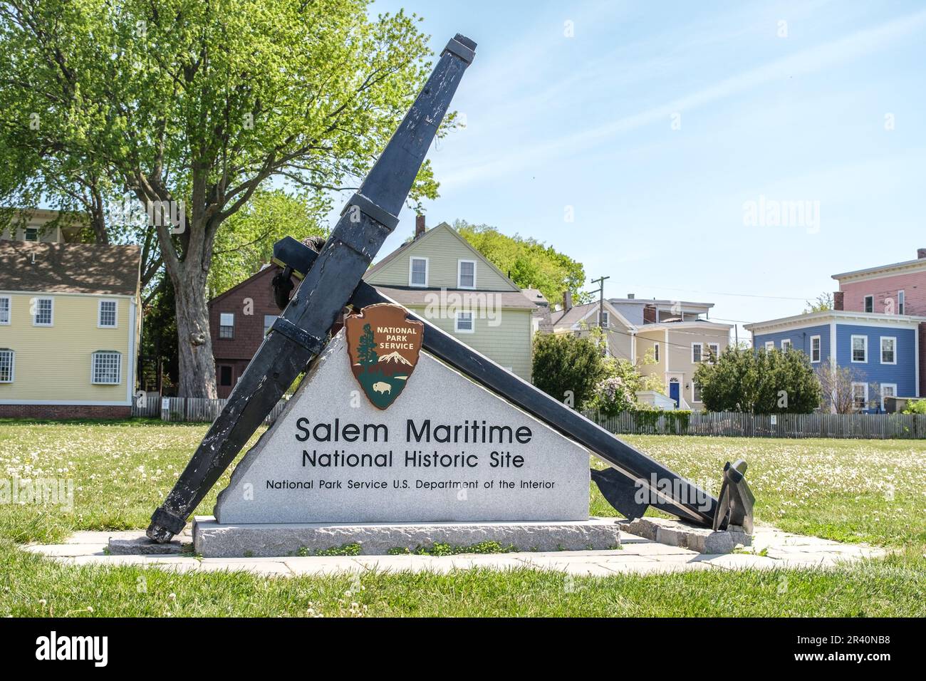 Salem Maritime National Historic Site entrance sign with an anchor in