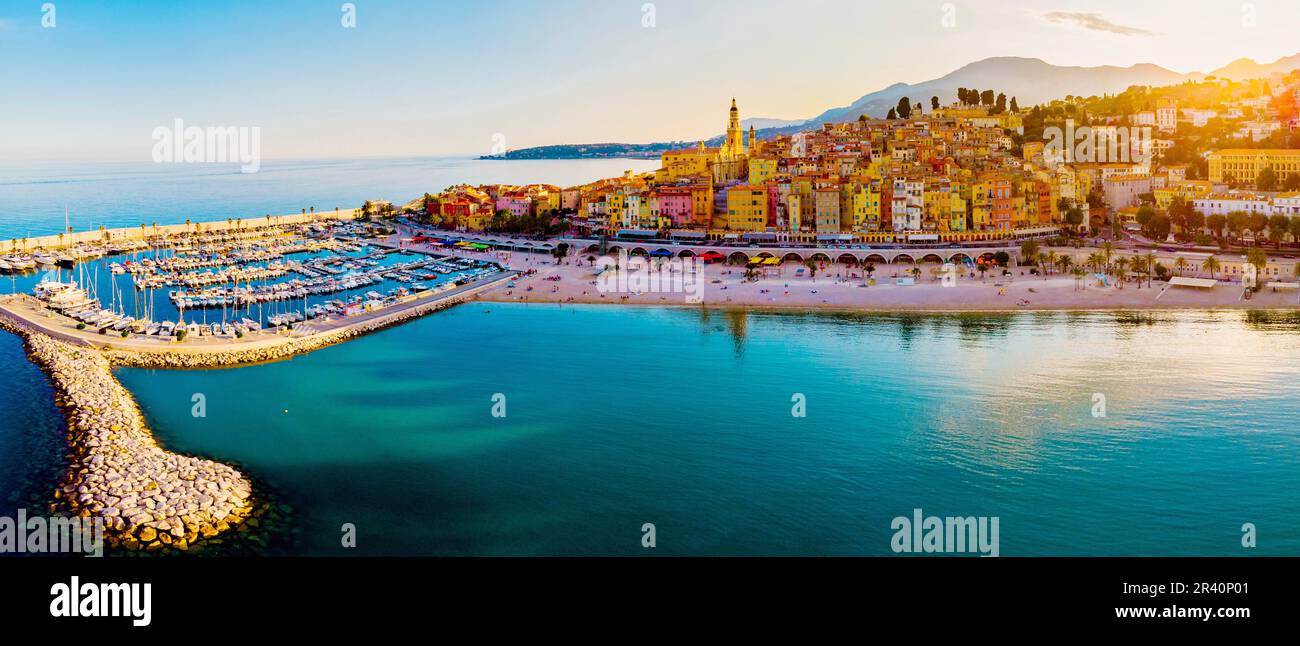 Colorful old town Menton on french Riviera, France. Drone aerial view over Menton France Europe