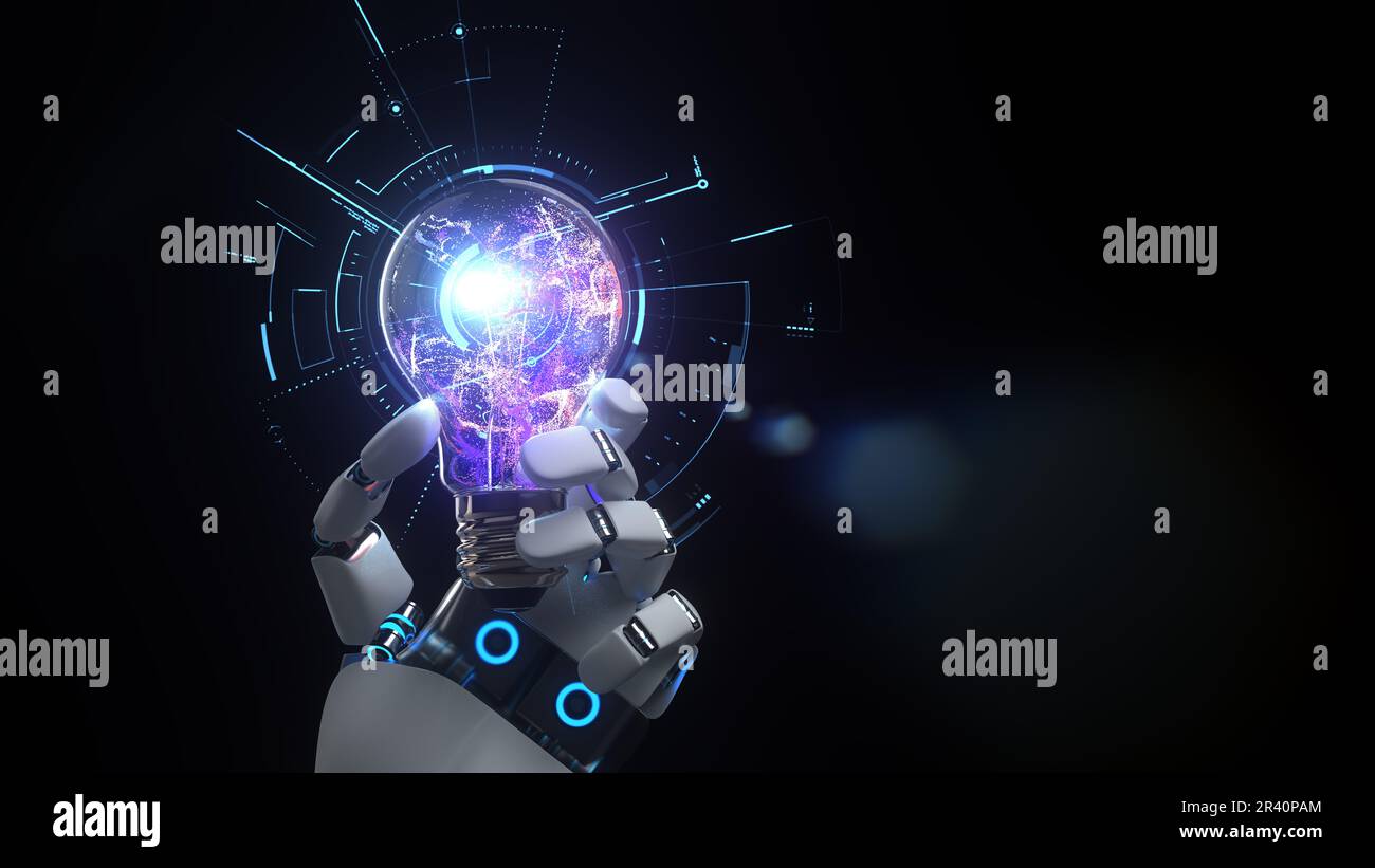Humanoid Robot Hand Bulb, AI Creativity Stock Photo
