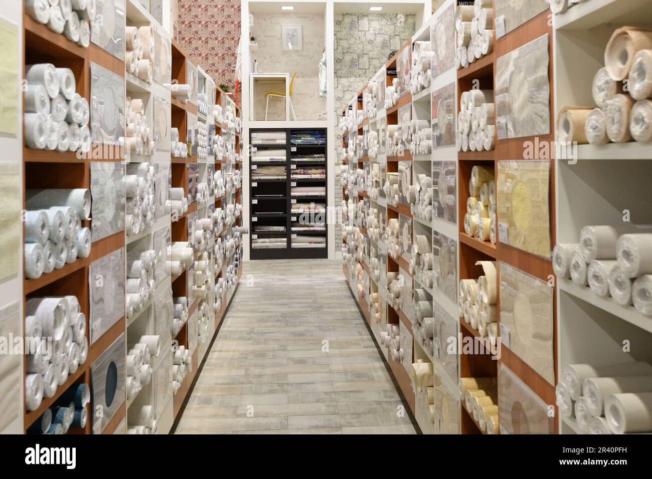 Moscow, Russia -21 Aug. 2022. Sample wallpaper rolls in the Petrovich building materials store Stock Photo