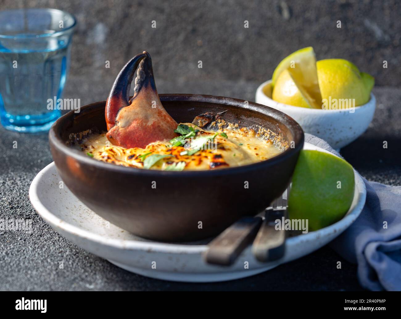 CHILEAN FOOD. Baked crabmeat crab meat with cheese, cream and bread. Traditional dish of chilean