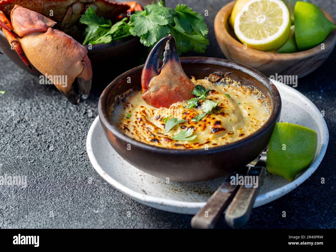CHILEAN FOOD. Baked crabmeat crab meat with cheese, cream and bread. Traditional dish of chilean