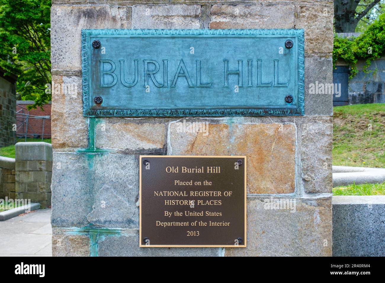 Old Burial Hill Entrance sign, National Register of Historic Places, Plymouth, Massachusetts, USA on May 17, 2023 Stock Photo