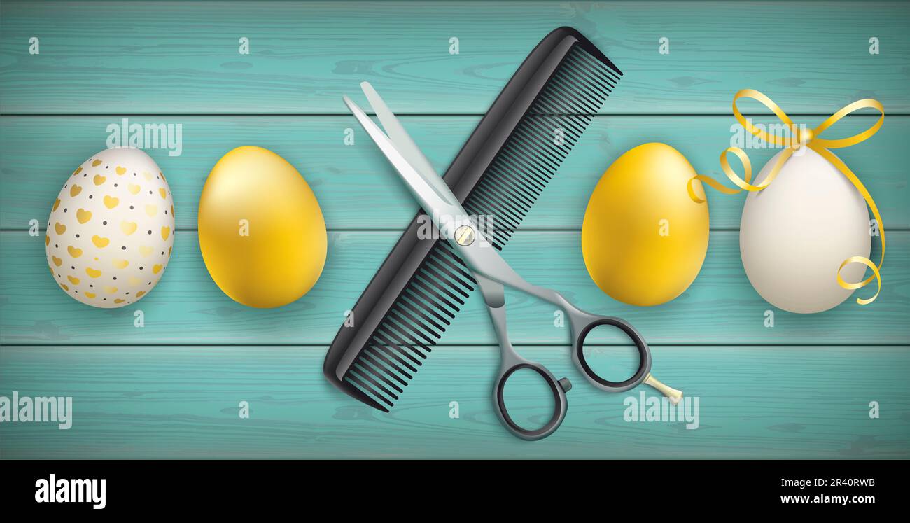 Noble Golden Easter Eggs Wood Scissors Comb Stock Photo