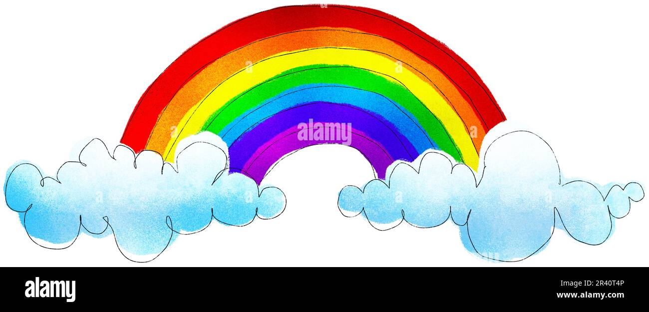 Colorful rainbow and clouds hand drawn watercolor and crayon children's drawing isolated on white background. Playful nursery clipart, LGBTQ pride or Stock Photo