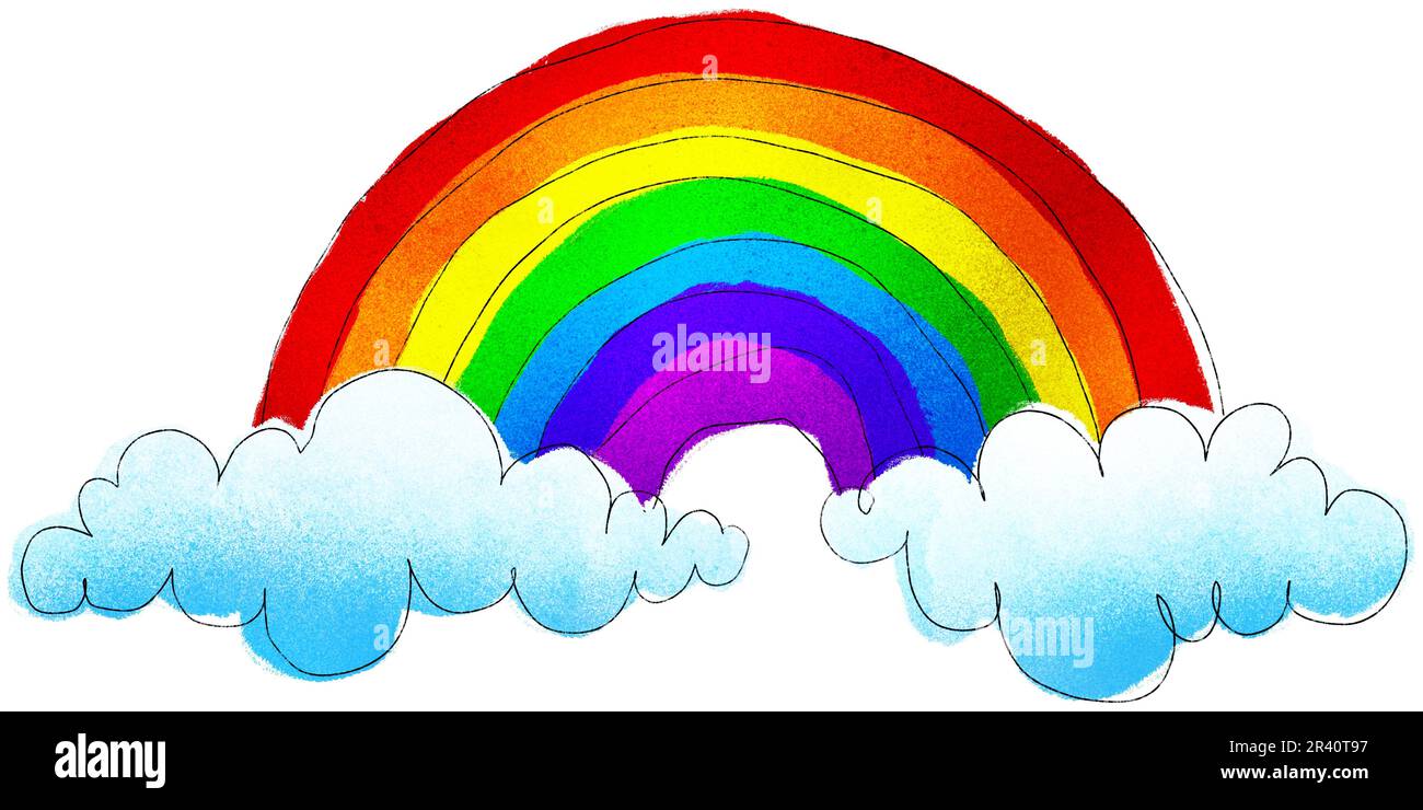 Colorful rainbow and clouds hand drawn watercolor and crayon children's drawing isolated on white background. Playful nursery clipart, LGBTQ pride or Stock Photo