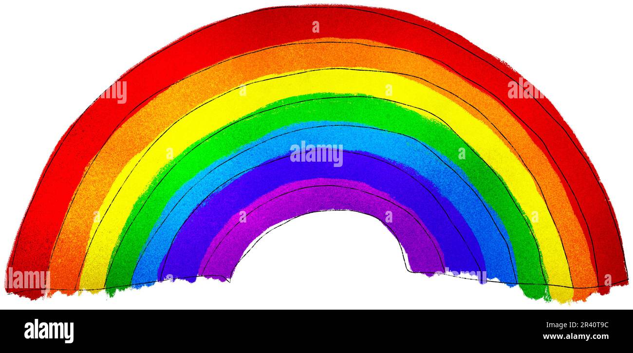 Colorful messy rainbow hand drawn watercolor and crayon children's drawing isolated on white background. Playful nursery clipart, LGBTQ pride or diver Stock Photo