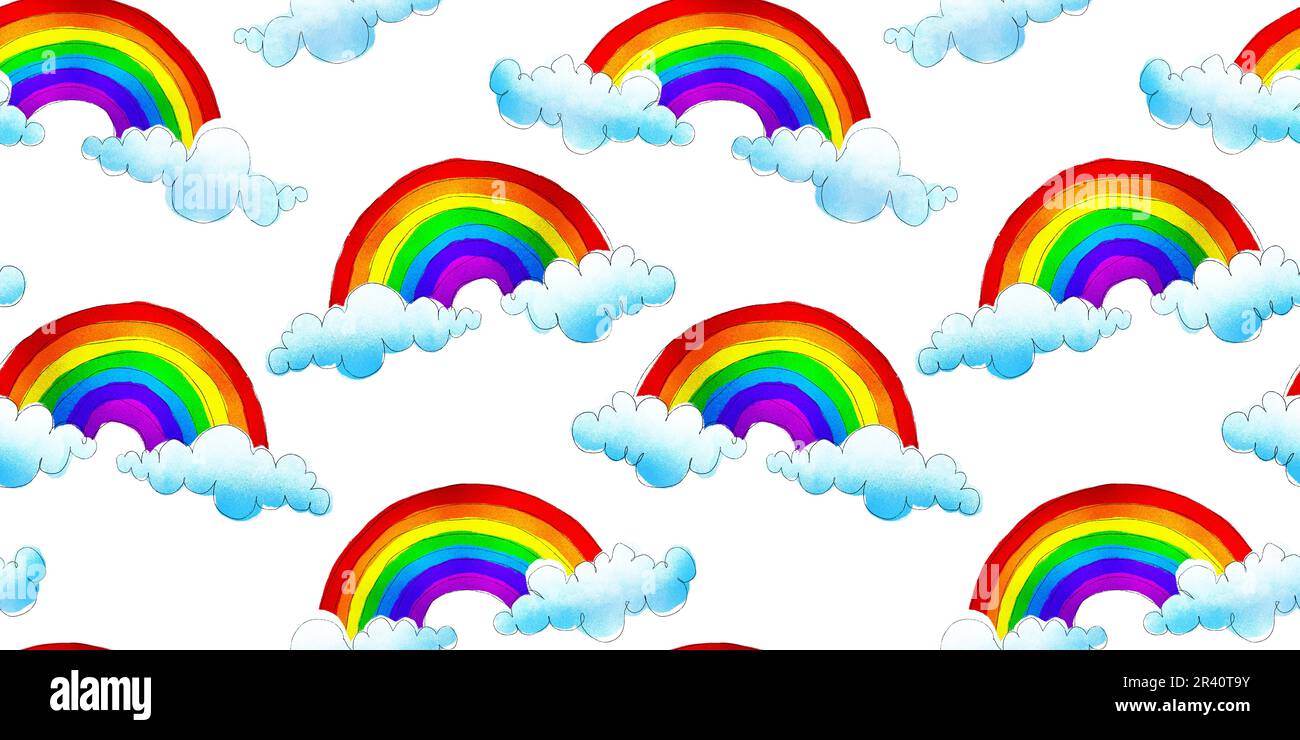 Seamless colorful rainbow and clouds hand drawn watercolor and crayon children's drawing background. Playful nursery wallpaper summer sky repeat patte Stock Photo