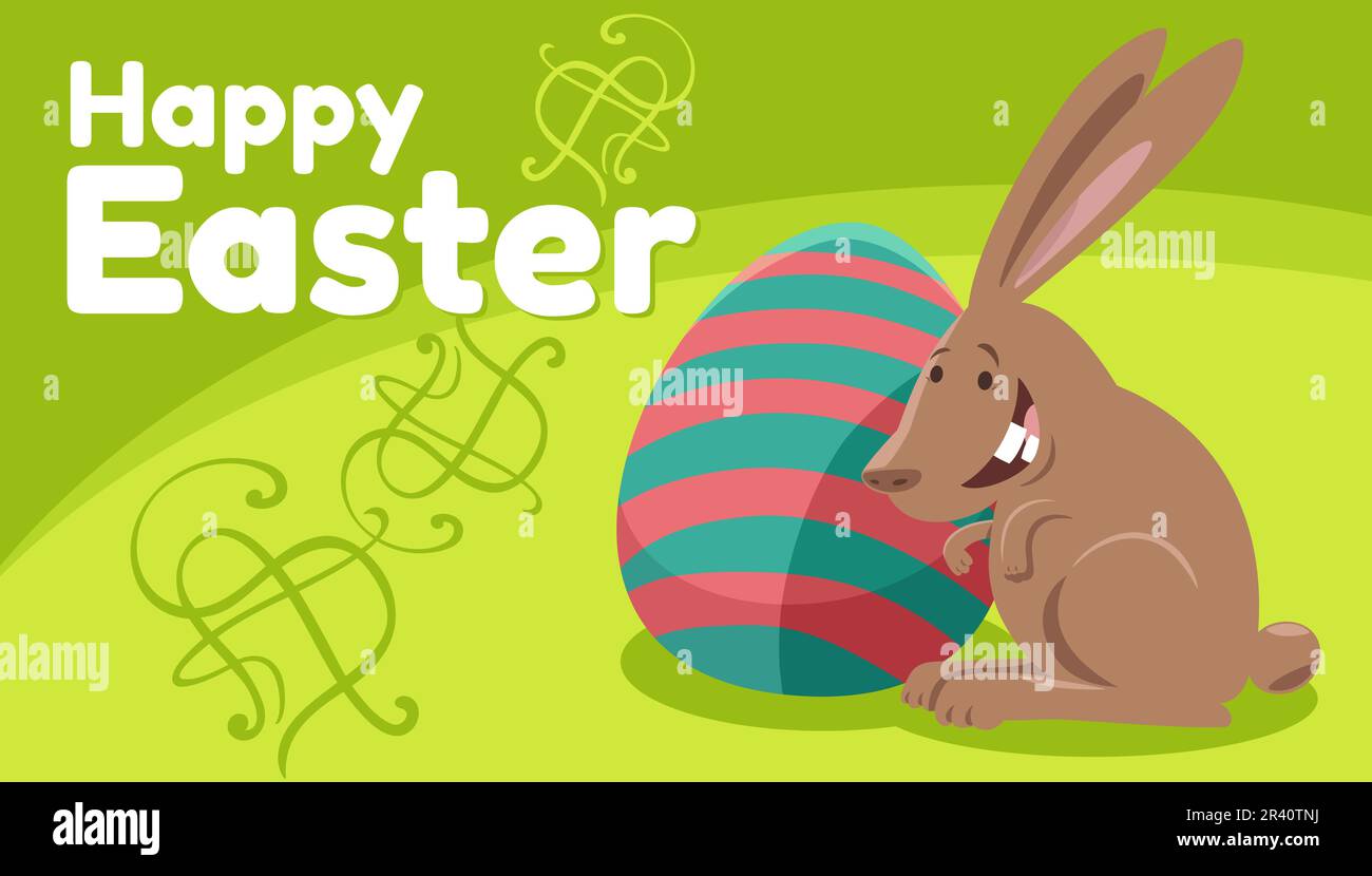Cartoon Easter bunny with painted egg greeting card Stock Photo - Alamy