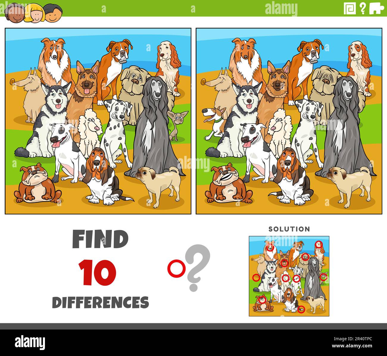 Cartoon illustration of finding the differences between pictures educational game with purebred dogs animal characters Stock Photo