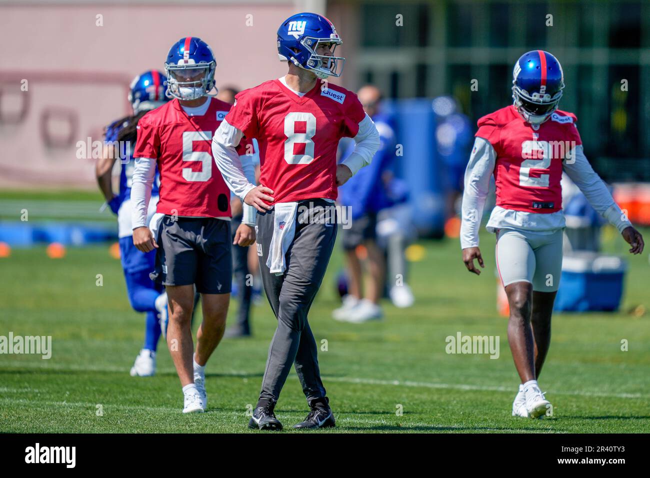 New York Giants quarterback Daniel Jones (8) stands on the field at the