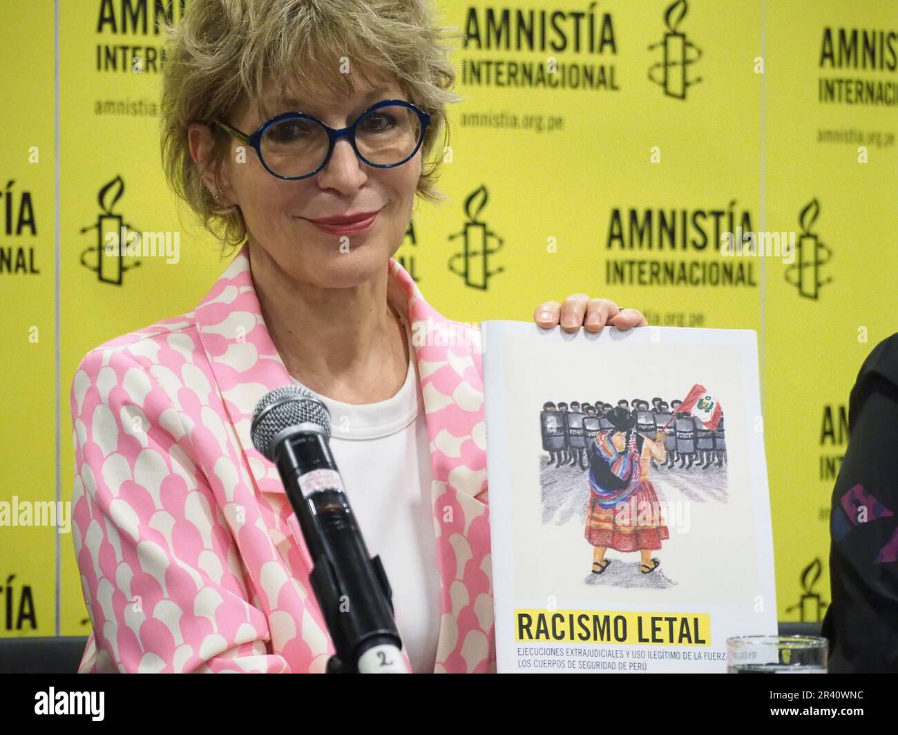 Agnes Callamard, Secretary General of Amnesty International, presenting the report 'Lethal racism: Extrajudicial executions and unlawful use of force by Peru’s security forces', referring to the victims in the protests that took place in Peru between December 2022 and February 2023. Stock Photo