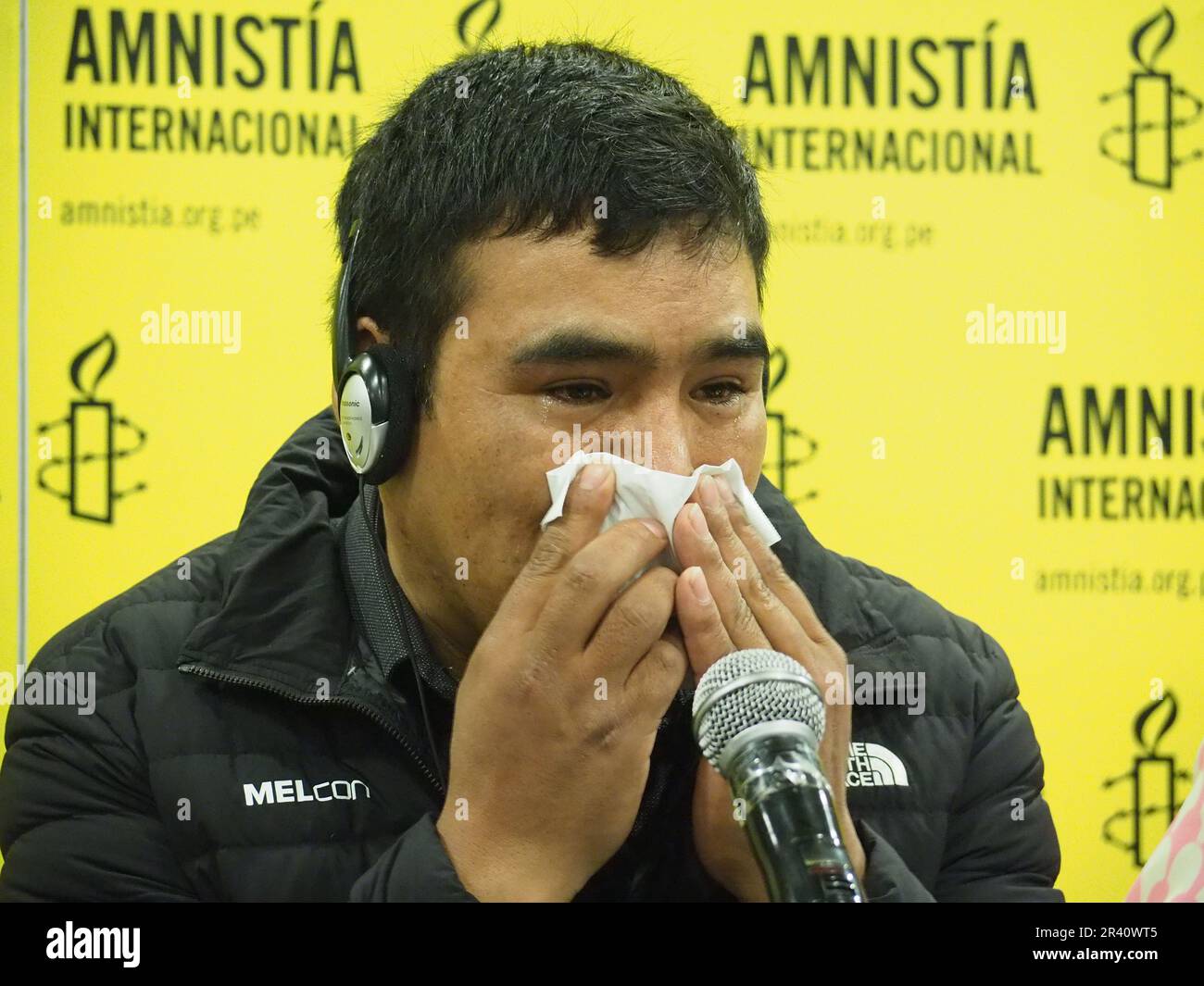 Raul Samillan, president of the Association of Victims of the Repression in Puno, crying when Amnesty International, presents the report 'Lethal racism: Extrajudicial executions and unlawful use of force by Peru’s security forces', referring to the victims in the protests that took place in Peru between December 2022 and February 2023. Stock Photo