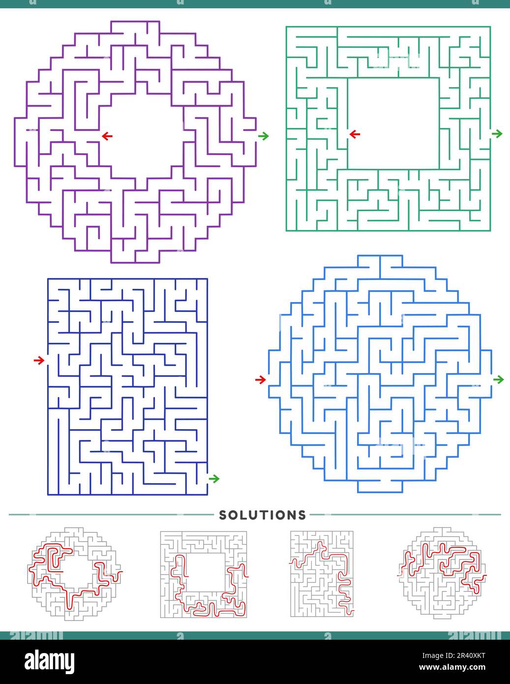 Illustration of maze puzzle games graphs set with solutions Stock