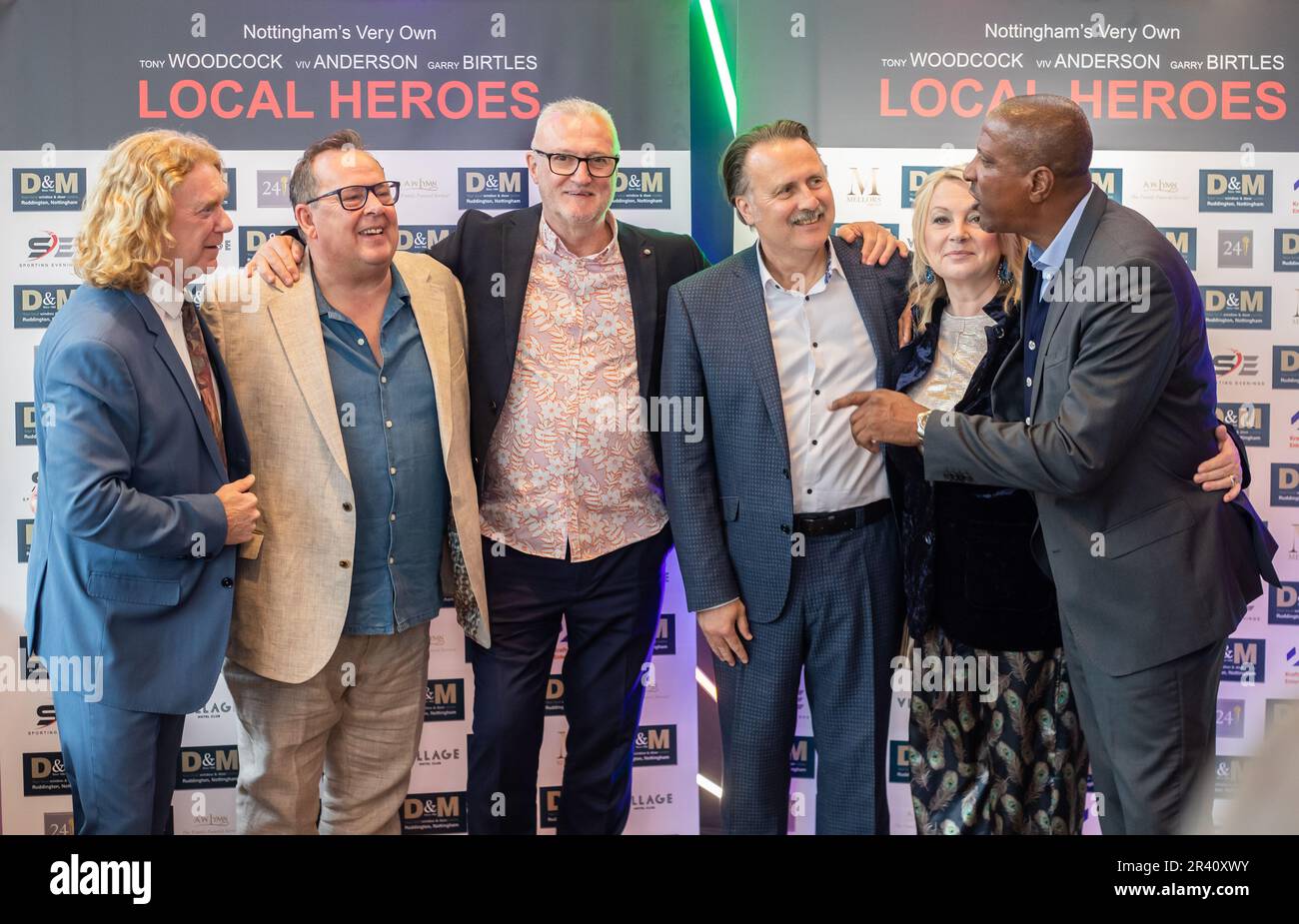 Tony Woodcock, John Warrington,Gary Birtles, Gary Webster, Wendy-Turner Webster and Viv Anderson (from left to right) during the World Premiere of the documentary Local Heroes at the Arc Cinema, Beeston, Nottingham on 25 May, 2023  (Photo by Ritchie Sumpter/Alamy Live News) Stock Photo