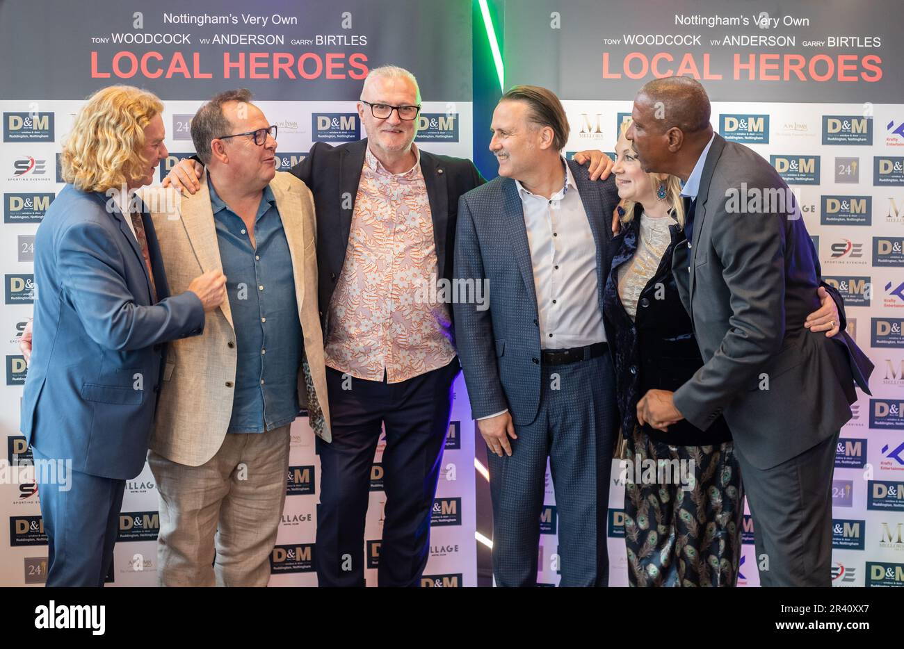 Tony Woodcock, John Warrington,Gary Birtles, Gary Webster, Wendy-Turner Webster and Viv Anderson (from left to right) during the World Premiere of the documentary Local Heroes at the Arc Cinema, Beeston, Nottingham on 25 May, 2023  (Photo by Ritchie Sumpter/Alamy Live News) Stock Photo
