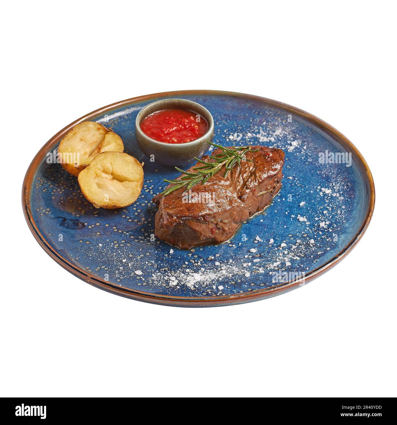 grilled steak with potatoes on a plate, isolated on white. photo for the menu Stock Photo