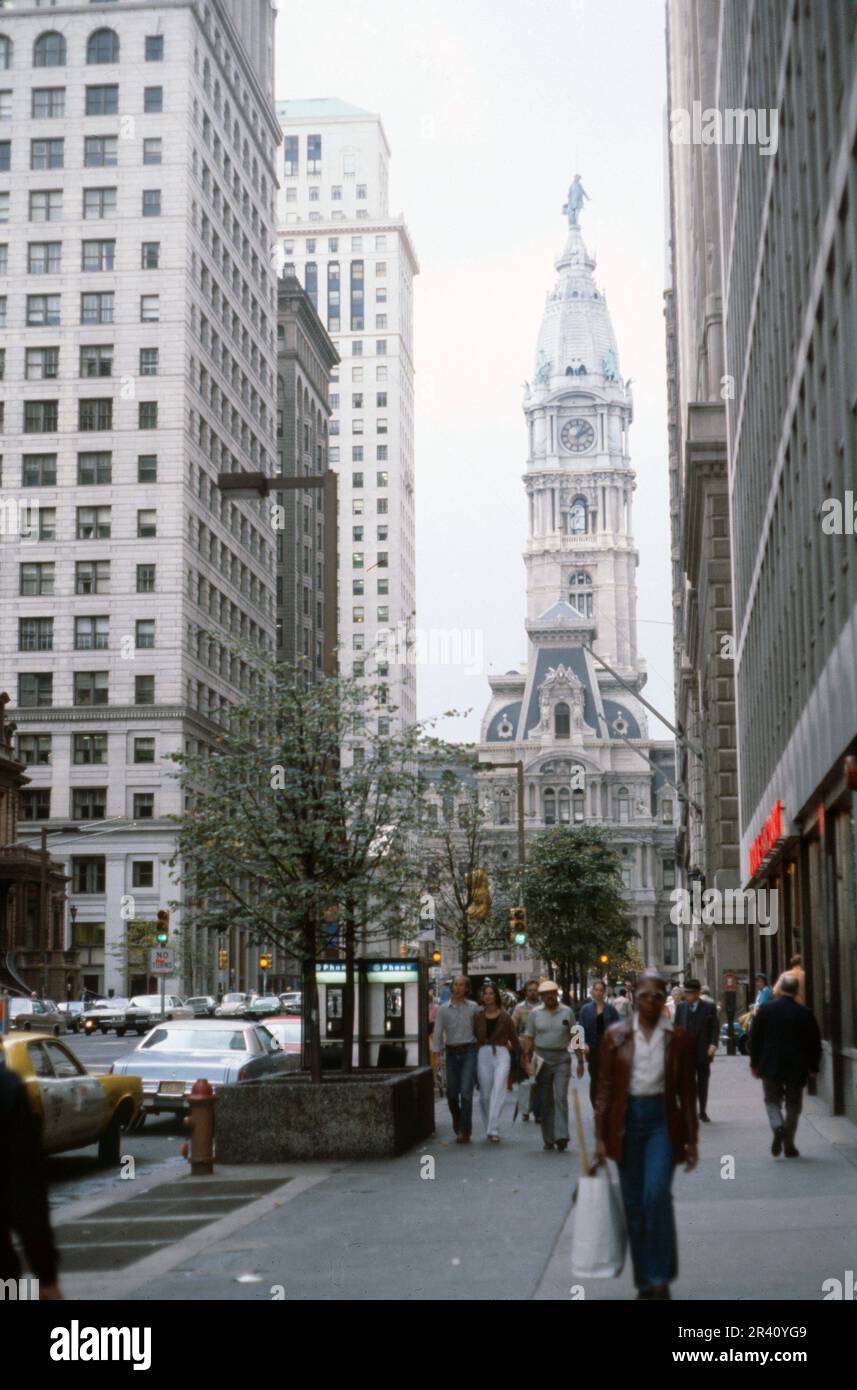 Philadelphia, Pennsylvania- October 1978: Philadelphia town hall looking down Broad Street, 1970s vintage slide. Stock Photo