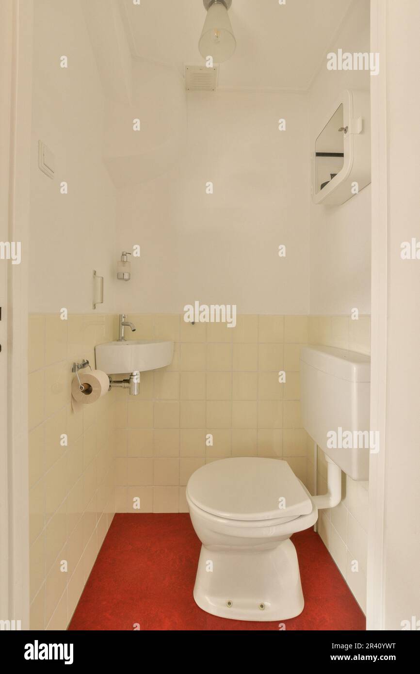 a small bathroom with a toilet and red rug on the floor in front of the toilet is an open door Stock Photo