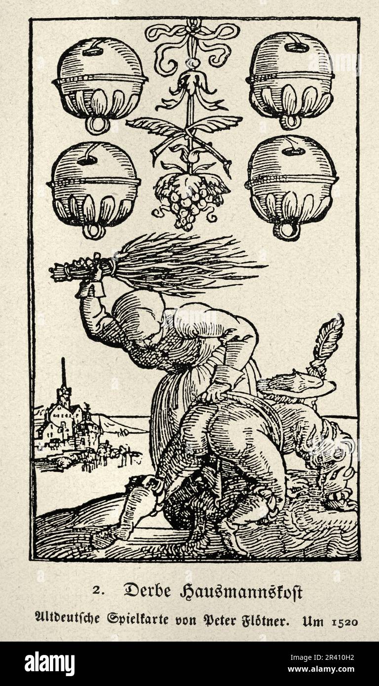 Vintage illustration Wife beating husband with bunch of sticks