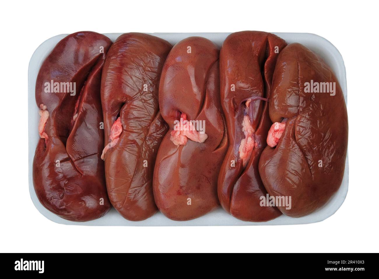 Raw pork kidneys in board isolated on white background. Raw meat offal
