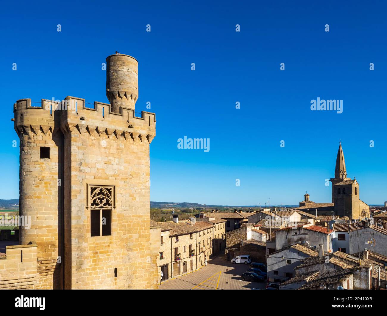 A panoramic view of the medieval façades and towers in Olite, Navarre Stock Photo