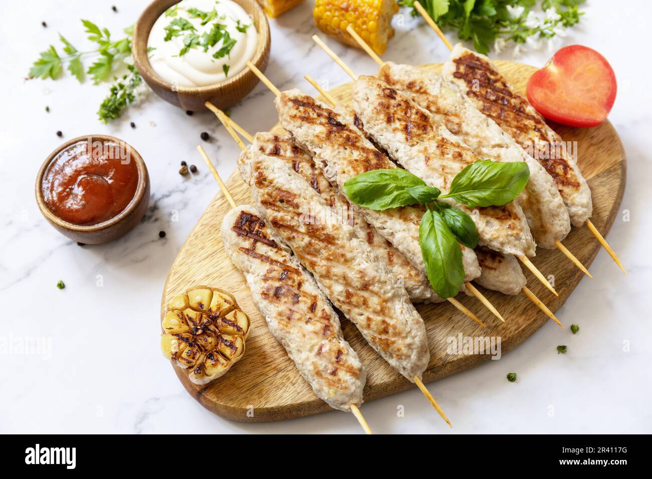 Summer party food. Grill food menu. Bbq grilled chicken kebab with