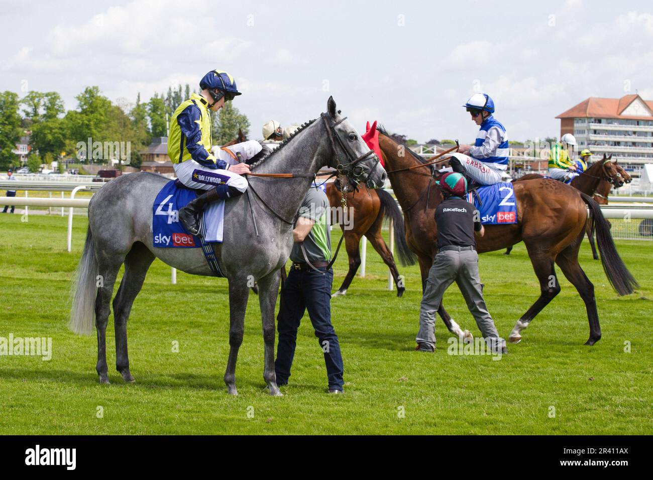 Left to right: Jockeys Daniel Muscutt on Surrey Mist and Tom Marquand on Tasman Bay at York Races. Stock Photo