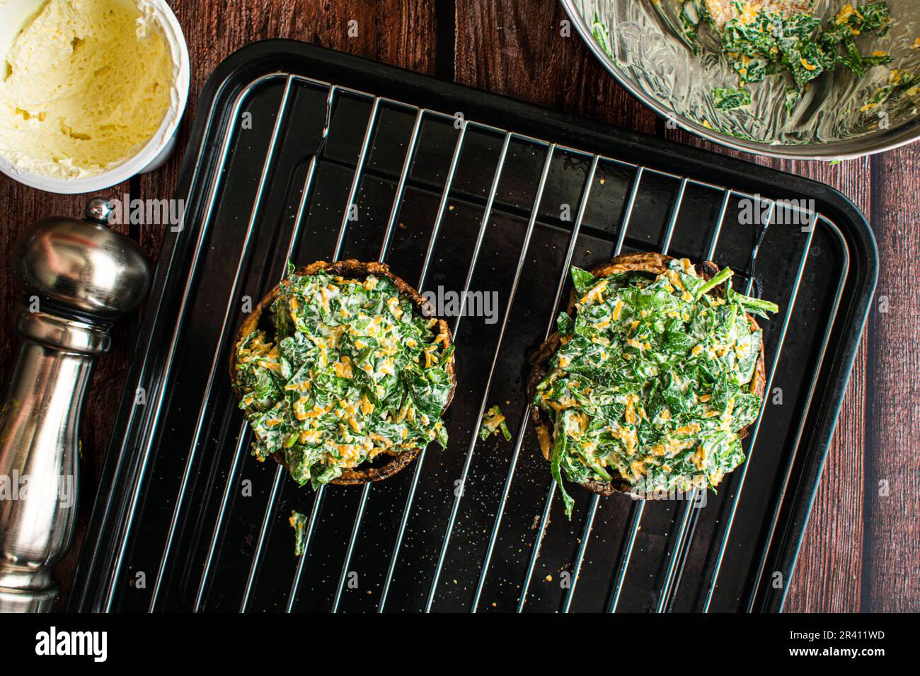 Spinach and Cheese Stuffed Mushrooms on a Sheet Pan Uncooked