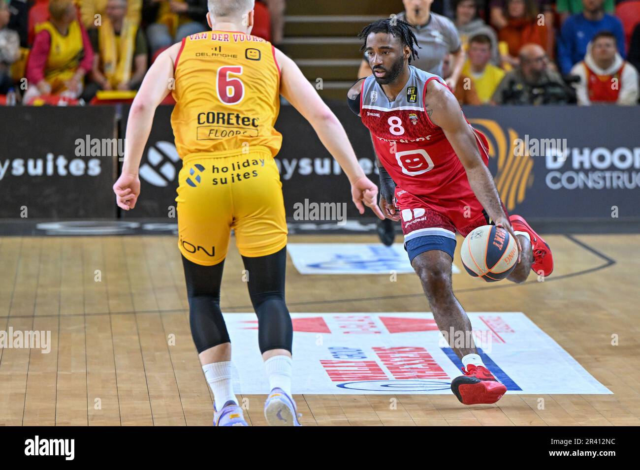 Desonta Bradford (8) of Antwerp pictured during a basketball game between  Belgian BC Filou Oostende and Telenet Antwerp Giants on the second matchday of the Champions Play-off , on tuesday 23 th May 2023 at the Versluys Dome in Oostende  , Belgium  .  PHOTO SPORTPIX  | DAVID CATRY Stock Photo