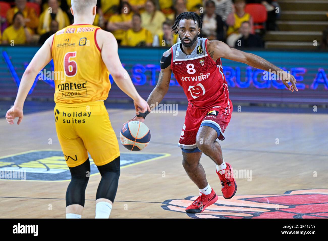 Desonta Bradford (8) of Antwerp pictured during a basketball game between  Belgian BC Filou Oostende and Telenet Antwerp Giants on the second matchday of the Champions Play-off , on tuesday 23 th May 2023 at the Versluys Dome in Oostende  , Belgium  .  PHOTO SPORTPIX  | DAVID CATRY Stock Photo